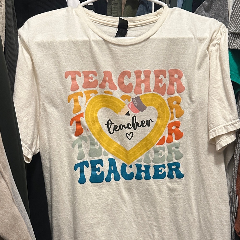 Teacher Graphic Tee - Cream with Multicolor Design